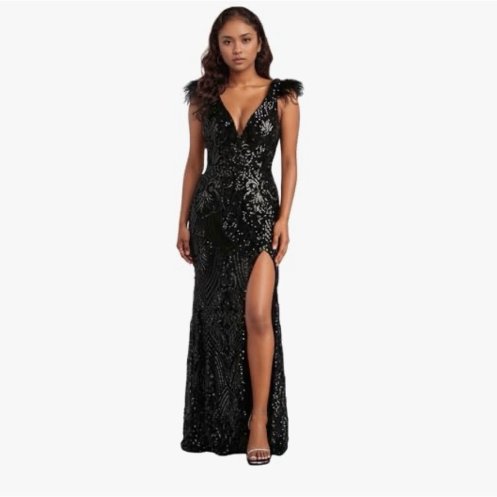 Black Sequin Feather-Trim V-Neck Prom Gown